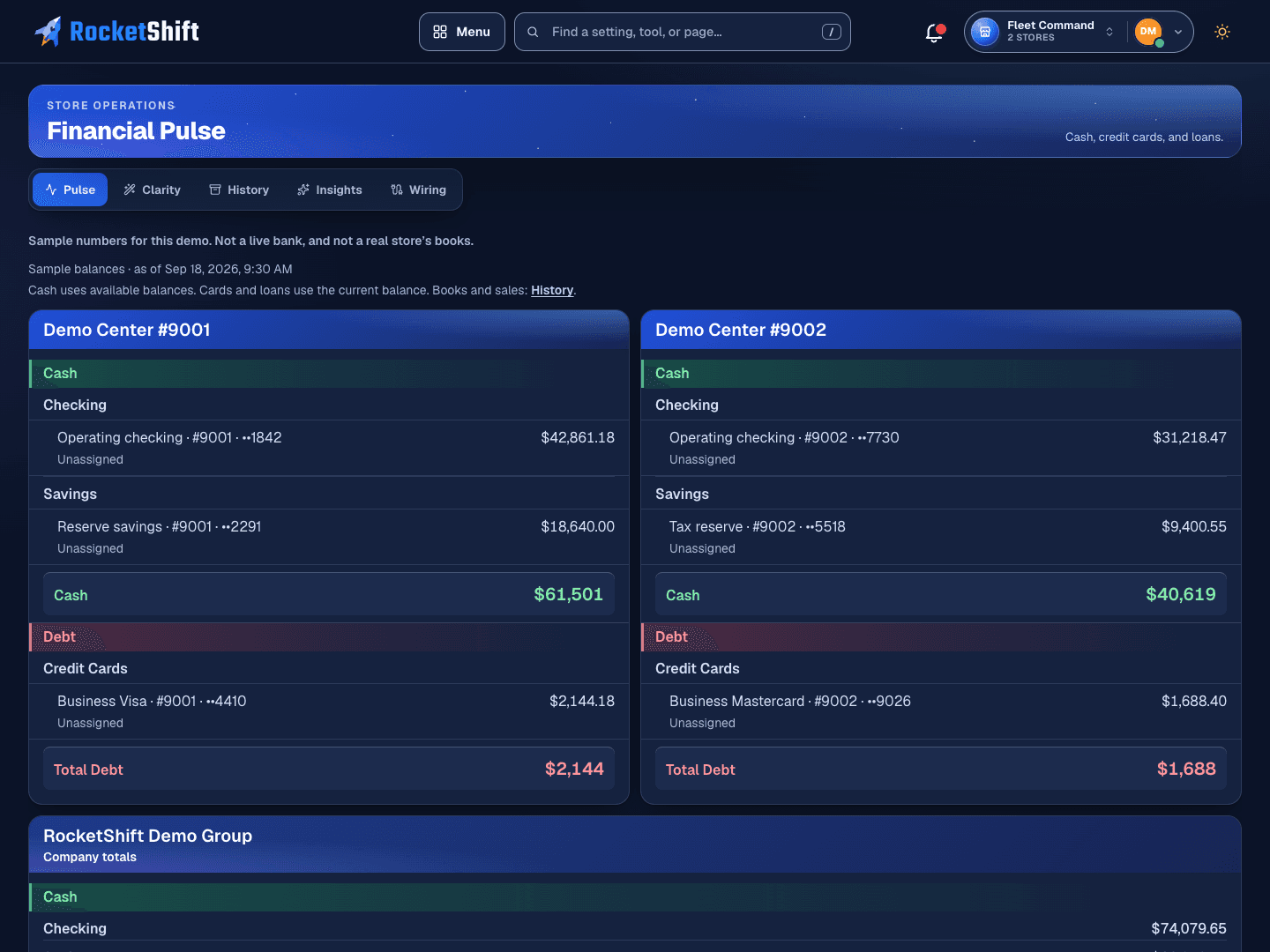 Financial Pulse demo: cash and debt by store