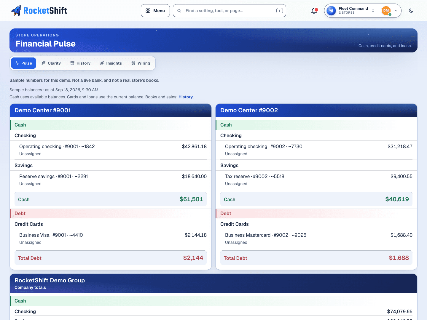 Financial Pulse demo: cash and debt by store