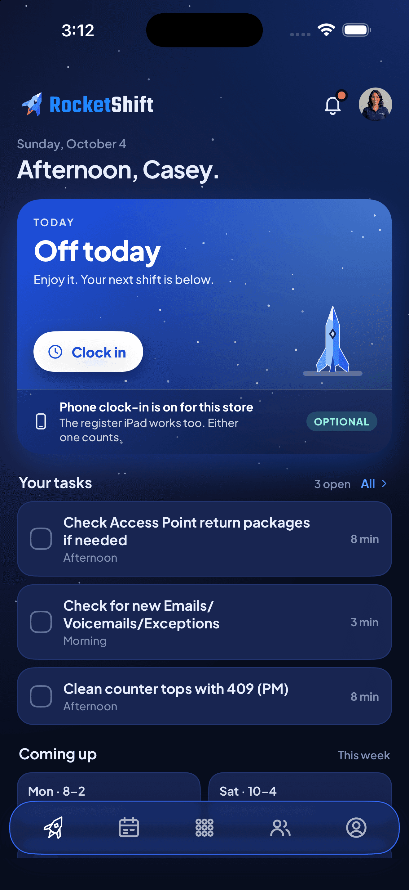 RocketShift iPhone app showing the demo crew member’s shift and tasks