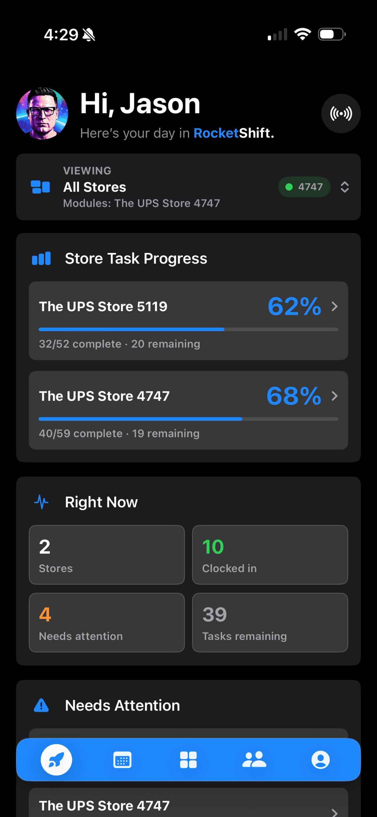 RocketShift iPhone Mission Control home with store pulse, task progress, and today's crew.