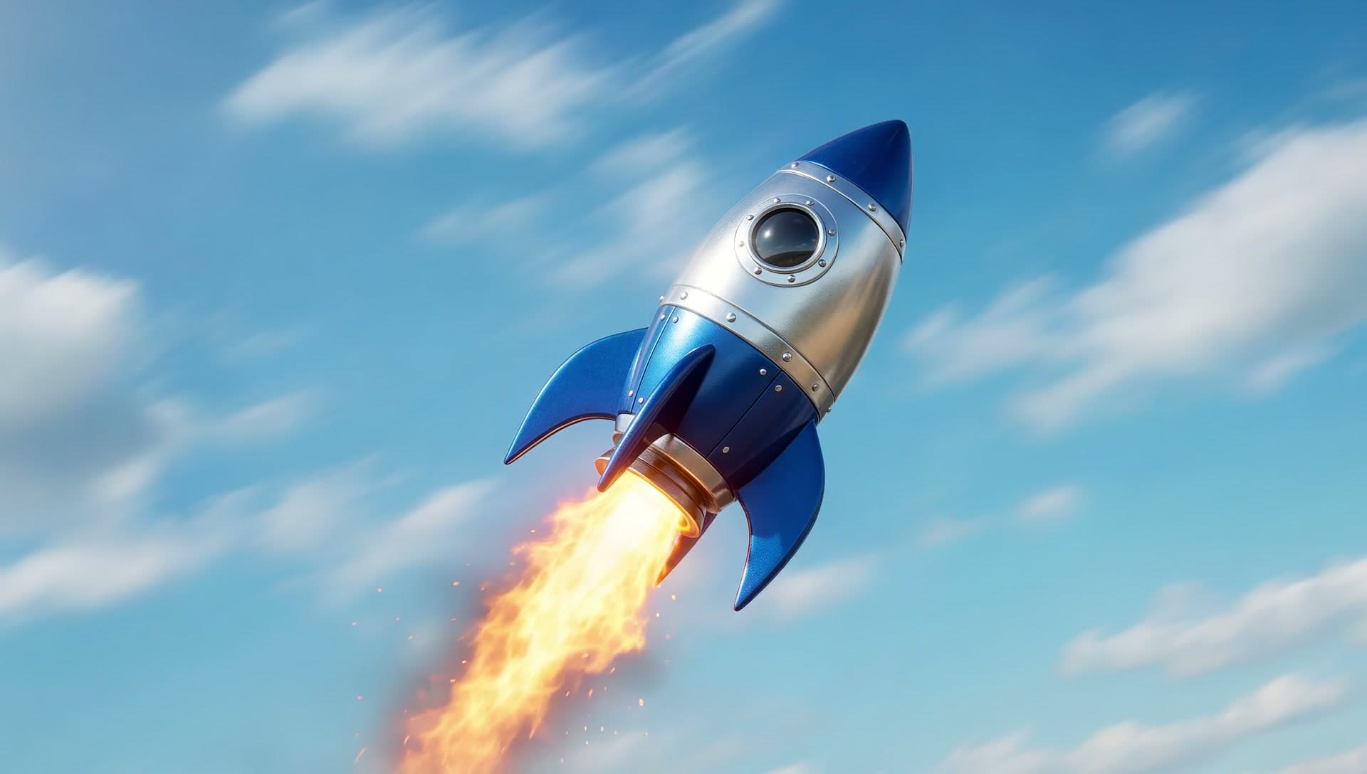 RocketShift chase-cam hero — blue rocket climbing through open sky